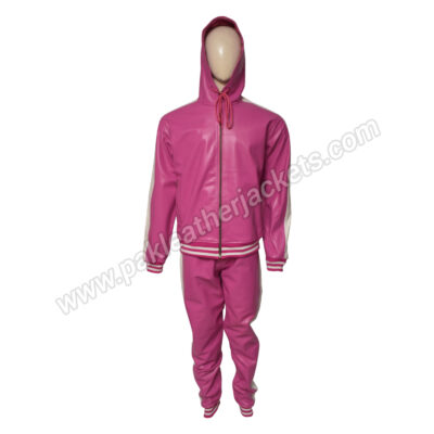 Pink Leather White Stripe Hoodie Style Tracksuit