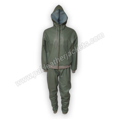 Olive Green Leather Hoodie Style Tracksuit
