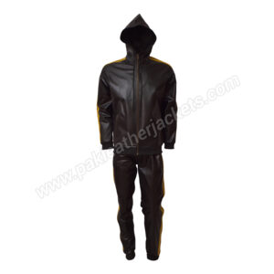 Sports Yellow Stripe Black Leather Tracksuit