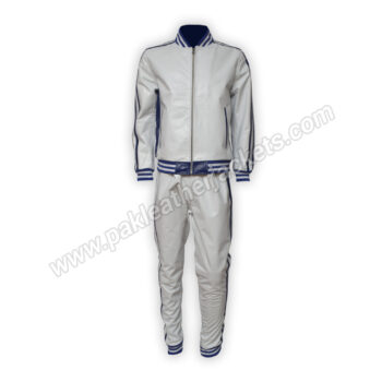 White Leather Blue Stripe Streetwear Tracksuit