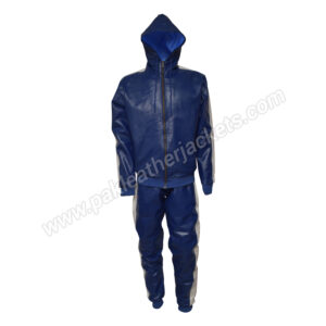 Sports Blue Leather Hoodie Tracksuit