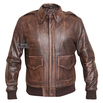 Brown Leather Distressed Bomber Jacket