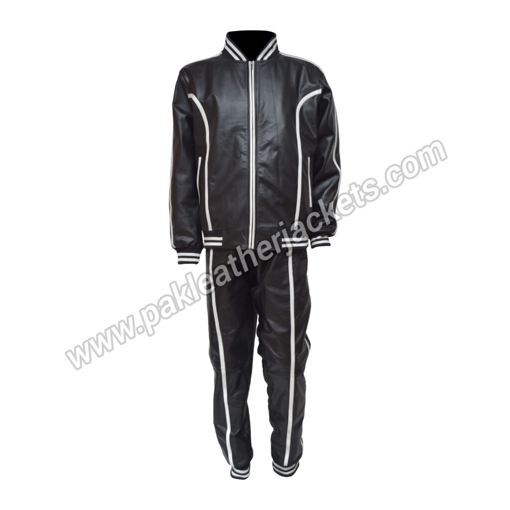 Black Leather White Stripe Jogging Tracksuit