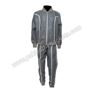 Handmade Grey Leather Tracksuit White Stripe Fashion Style