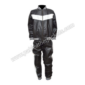 New Arrival Handmade Fashion Style Real Leather Black Tracksuit